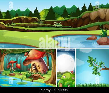 Vier verschiedene Szene der Natur Fantasy-Welt mit Pilz-Haus in der Wald-Illustration Stock Vektor