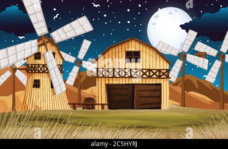 Farmszene mit Scheune und Mühle bei Nacht Illustration Stock Vektor