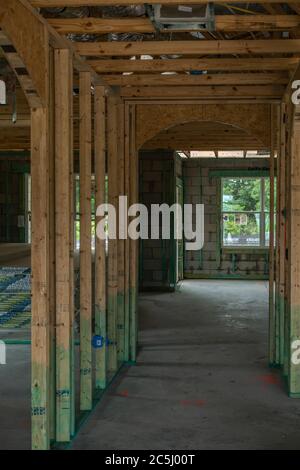 Neubau in West-Zentral-Florida von Fundamenten, Blockarbeiten, Rahmung, Elektro-, Sanitär-, HLK-und Einstellung Traversen. Stockfoto