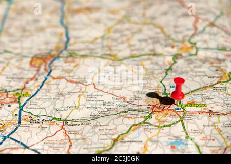 Flacher Fokus der Hauptstadt Essex. Das Zentrum der Stadt befindet sich mit dem Push-Pin. Stockfoto