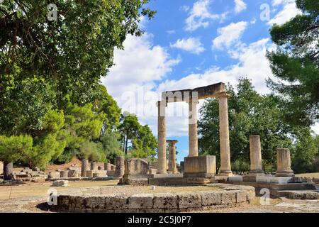 Griechenland Olympia, antike Ruinen des wichtigen Philippeion in Olympia - UNESCO Weltkulturerbe Stockfoto