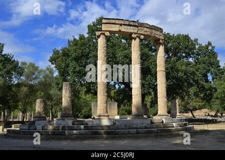 Olympia, Griechenland - 5. Okt, 2013: Antike Ruinen in Olympia. Geburtsort der olympischen Spiele, jetzt UNESCO-Weltkulturerbe und Ort, wo Ignite Stockfoto