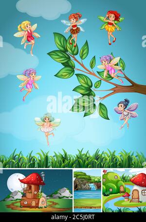 Vier verschiedene Szenen der Fantasy-Welt mit schönen Feen in der Märchendarstellung Stock Vektor