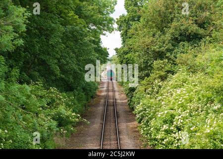 Schnell nähernde Vintage Dampflokomotive mit seinem Kohle-Tender gesehen Kopf zuerst. Stockfoto