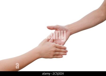 Freundliche Handschlag Vater und Kind isoliert auf weißem Hintergrund, mit Clipping-Pfad. Liebe und Familienkonzept. Stockfoto