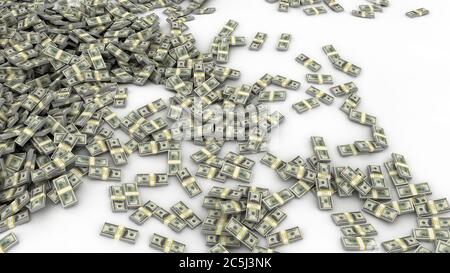 US-Dollar. Das Geld breitete sich auf dem weißen Boden aus. 3D-Illustration Stockfoto