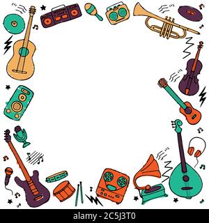 Musikrahmen. Handgezeichnetes musikalisches Icon-Set. Vektor Stock Vektor