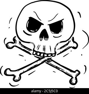 Vektor Cartoon Zeichnung konzeptionelle Illustration von Kreuzknochen, Schädel und Knochen Warnung Gefahr Gift Symbol. Stock Vektor