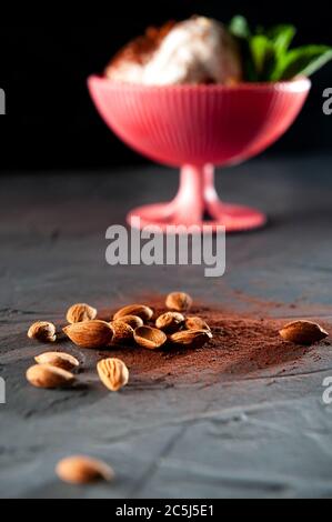 Kakaobohnen und Eis mit Minze im Hintergrund in einer Unschärfe und auf dem grauen Hintergrund Stockfoto