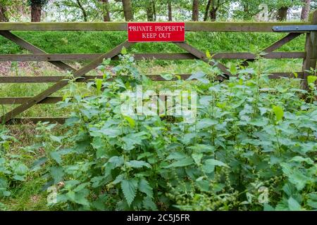 Isolierte Ansicht eines neu installierten Private Property Schild gesehen, die an einem Holz gebaut Wiese Tor. Überwuchert Nesseln können vor gesehen werden. Stockfoto