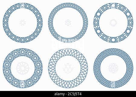 Arabische geometrische runde Muster gesetzt. Rahmen, Rahmen. Vektor-Illustration von runden islamischen Ornament-Elemente mit nahtlosen Muster Pinsel Stock Vektor