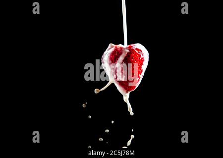 Isolierte Erdbeeren. Eine herzförmige Erdbeerfrucht isoliert auf dunklem Hintergrund Stockfoto