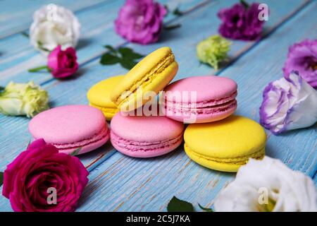 Rosa und gelbe Macarons mit Blumen auf blauem Holztisch Stockfoto