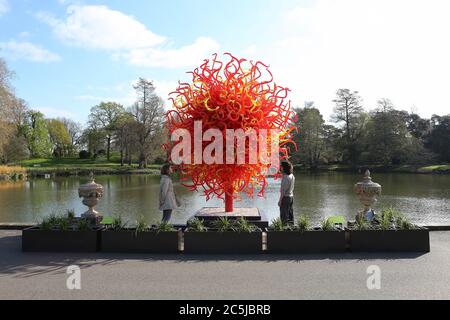 32 Kunstinstallationen wurden in den Gärten an einer Vielzahl von Orten aufgestellt. Als Besucher durch das Victoria Gate eindrangen, sahen sie den Sapphire Star, dessen einzelne Glasbläserformen nach außen strahlen, um ein himmlisches visuelles Erlebnis zu schaffen. Die leuchtend blaue Farbe von Sapphire Star ist in der Mitte hochkonzentriert, wo sich die einzelnen Glaselemente treffen und zunehmend undurchsichtig werden. Die lichtdurchlässigen, achromatischen Spitzen des Kunstwerks reflektieren Licht und verleihen ihm eine intensive Ausstrahlung. Chihuly's Arbeit wurde in mehr als 240 Museen auf der ganzen Welt in seiner 50-jährigen Karriere ausgestellt. Stockfoto