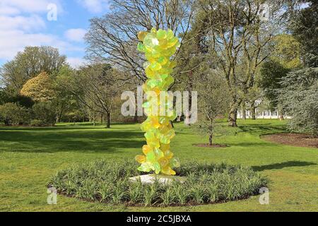 32 Kunstinstallationen wurden in den Gärten an einer Vielzahl von Orten aufgestellt. Als Besucher durch das Victoria Gate eindrangen, sahen sie den Sapphire Star, dessen einzelne Glasbläserformen nach außen strahlen, um ein himmlisches visuelles Erlebnis zu schaffen. Die leuchtend blaue Farbe von Sapphire Star ist in der Mitte hochkonzentriert, wo sich die einzelnen Glaselemente treffen und zunehmend undurchsichtig werden. Die lichtdurchlässigen, achromatischen Spitzen des Kunstwerks reflektieren Licht und verleihen ihm eine intensive Ausstrahlung. Chihuly's Arbeit wurde in mehr als 240 Museen auf der ganzen Welt in seiner 50-jährigen Karriere ausgestellt. Stockfoto