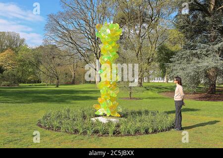 32 Kunstinstallationen wurden in den Gärten an einer Vielzahl von Orten aufgestellt. Als Besucher durch das Victoria Gate eindrangen, sahen sie den Sapphire Star, dessen einzelne Glasbläserformen nach außen strahlen, um ein himmlisches visuelles Erlebnis zu schaffen. Die leuchtend blaue Farbe von Sapphire Star ist in der Mitte hochkonzentriert, wo sich die einzelnen Glaselemente treffen und zunehmend undurchsichtig werden. Die lichtdurchlässigen, achromatischen Spitzen des Kunstwerks reflektieren Licht und verleihen ihm eine intensive Ausstrahlung. Chihuly's Arbeit wurde in mehr als 240 Museen auf der ganzen Welt in seiner 50-jährigen Karriere ausgestellt. Stockfoto