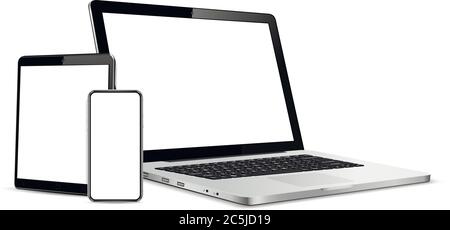 Gadgets einschließlich Smartphone, digitales Tablet und Laptop, leerer Bildschirm mit Copyspace Stock Vektor