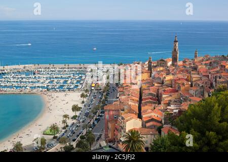 Blick über Altstadt und Hafen, Menton, Provence-Alpes-Cote d ' Azur, Frankreich, Europa Stockfoto