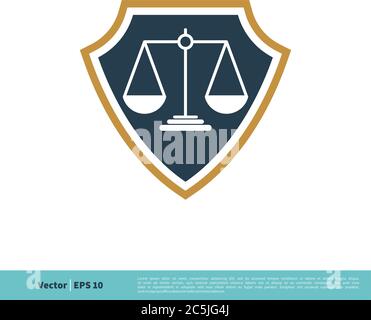 Schild und Maßstab der Gerechtigkeit Symbol Vektor Logo Vorlage Illustration Design. Vektor EPS 10. Stock Vektor