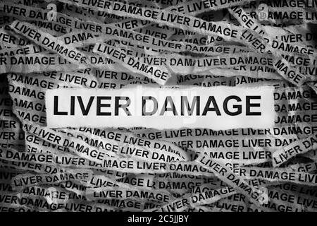 Leberschäden. Zerrissene Papierstücke mit den Worten Leberschäden. Konzeptbild. Schwarz und Weiß. Nahaufnahme. Stockfoto