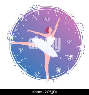 Flache Ballerina in Blumenkarte Illustration. Tanz in lila Kreis Uhr Vorlage. Ballett Kunst Banner, Logo, Emblem, Poster Vektor isoliert auf weißem Hintergrund. Cartoon Tänzerin mit Dekorationsrahmen. Stock Vektor