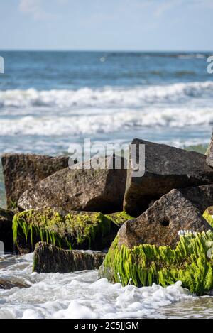 Neuendorf, Deutschland. Juni 2020. Groynes, Steingroynes, die am Strand von Neuendorf aus dem Wasser ragen, sollen unter anderem der Erosion von Land entgegenwirken. Quelle: Stephan Schulz/dpa-Zentralbild/ZB/dpa/Alamy Live News Stockfoto