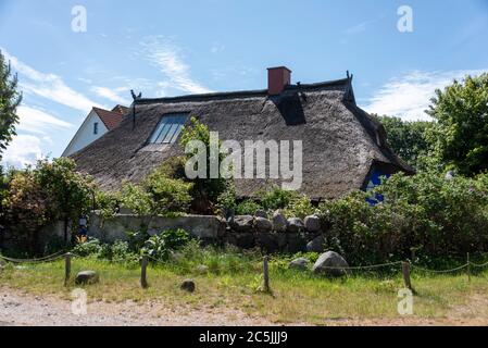 Hiddensee, Deutschland. Juni 2020. Blick auf die Blue Barn. Es ist das letzte noch verbliebene Rauchhaus auf Hiddensee. Rauchhäuser sind reetgedeckte Gebäude, in denen der Rauch durch Risse und Spalten im Dach entweichen könnte. Das Blaue Haus in Vitte stammt aus dem 19. Jahrhundert. Quelle: Stephan Schulz/dpa-Zentralbild/ZB/dpa/Alamy Live News Stockfoto