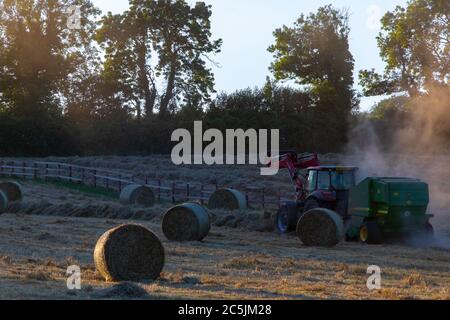 Hay Harvest Juni 2020 UK roter Traktor, Sonnenuntergang Ballenpressen das Heu. Große runde Ballen, für Pferdfutter Stockfoto