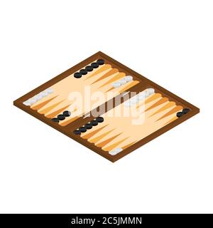 Vector Illustration isometrische Backgammon Holzbrett und Chips für Spiel. Brettspiel Stock Vektor