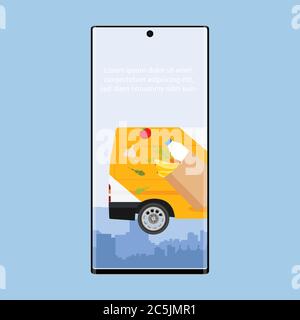 Online-Lieferservice Konzept, Online-Auftragsverfolgung, Lieferung nach Hause und Büro. Lieferung von Lebensmitteln auf dem Handy. E-Commerce-Konzept. Webseite, App-Design. Stock Vektor