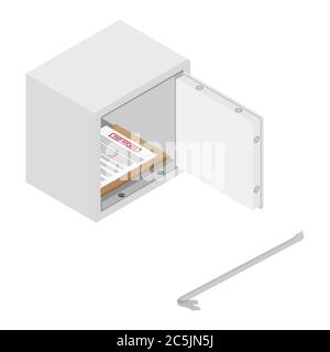 Metall Stahl Geldbank Safe mit Top geheimen Dokument und Brecheisen Vektor-Symbol isometrische Ansicht. In Sicherheit einbrechen Stock Vektor