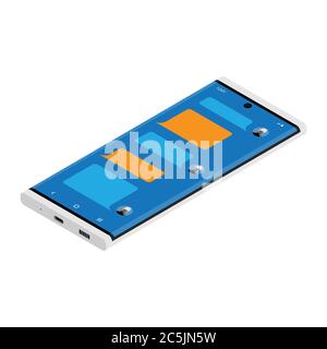 Chat-Nachrichten auf dem Smartphone. Vektor-Illustration, Cartoon-sms-Blasen auf Handy-Bildschirm, Mann Person chatten auf Handy mit Frau isoliert Stock Vektor