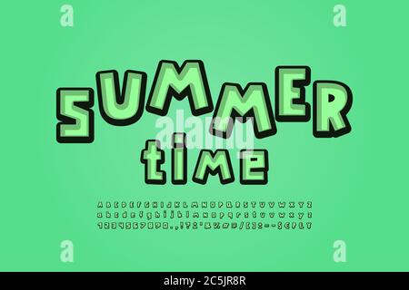 Grüne Sommer Alphabet Cartoon quadratische Form Schriftarten. Groß- und Kleinbuchstaben, Zahlen, Satzzeichen. Vektorgrafik. Stock Vektor