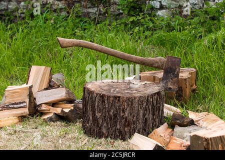 Axe in Hackblock von gehackten Baumstämmen umgeben Stockfoto