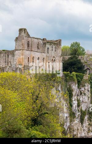 Chepstow Castle auf der Klippe mit Blick auf den Fluss Wye Stockfoto