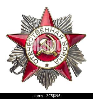 Sowjetischer Orden des Grossen Vaterländischen Krieges. Symbol des russischen Sieges im Zweiten Weltkrieg Isoliert auf Weiß. Stockfoto