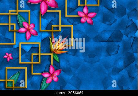 3d-Illustration, schöne Blumen mit geometrischen Quadraten auf blau strukturierten Hintergrund, Es kann als benutzerdefinierte Tapete verwendet werden. Stockfoto