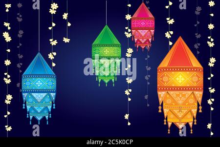 Illustration des hängenden Kandil auf glücklich Diwali Feiertag Hintergrund für das Licht Festival von Indien.traditionelle Jasminblüte, die herum hängt. Stock Vektor