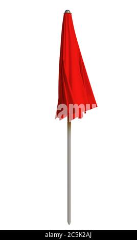 Geschlossener roter Sonnenschirm isoliert auf weiß. Beschneidungspfad enthalten. Stockfoto