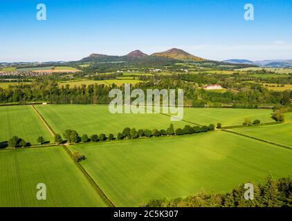 Blick auf das Tweed Valley und die Eildon Hills von Bemersyde, in der Nähe von Dryburgh, Scottish Borders. Stockfoto