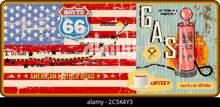 Vintage Route 66 Gas sation Zeichen, Retro-Stil Vektor Illustration fiktionale Kunstwerk Stock Vektor