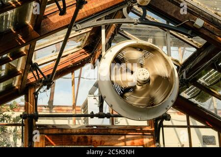Großer, industrieller Kühlventilator, der sich in einem großen grünen Haus dreht. Wird verwendet, um tropische Pflanzen mit warmer Luft zirkulieren zu lassen. Stockfoto