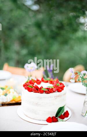 Leckere Kuchen mit Beeren auf Banketttisch neben Blumen und Geschirr am Sommertag im Garten platziert Stockfoto