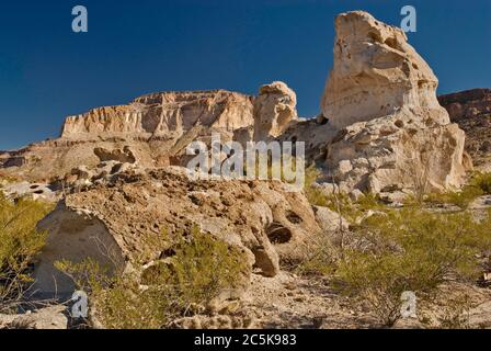 Kreosoten-Sträucher und erodierte Felsen in der Gegend von Three Dike Hill in den Bofecillos Mountains, Chihuahuan Desert, im Big Bend Ranch State Park, Texas, USA Stockfoto