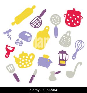 Doodle Icons Set von Küchengeräten und Objekten. Handgezeichnete Kochartikel. Haushaltsgeräte und Haushaltswaren. Stock Vektor