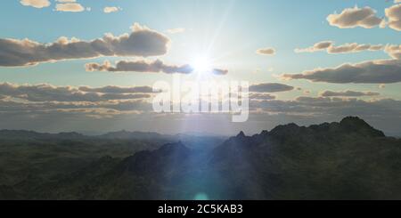 Bergpanorama über den Wolken Sonnenuntergang. Computergenerierte 3D-Illustration Stockfoto Bergpanorama über den Wolken Sonnenuntergang. Computergenerierte 3D-Illustration Stockfoto