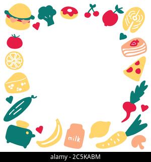 Ein handgezeichnetes Set von Speisen und Gerichten. Doodle Rahmen der Mahlzeit. Boarder für Print und Digital. Stock Vektor