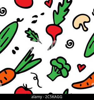 Ein handgezeichnetes Gemüseset. Doodle Sammlung von Lebensmitteln. Nahtloses Muster. Vektor Stock Vektor