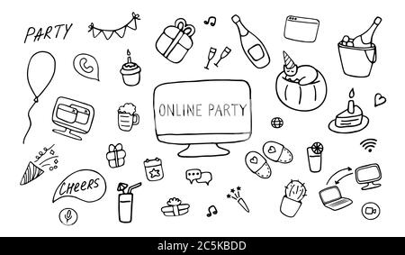 Symbol für Online-Party eingestellt. Doodle Feier Zeichen. Handgezeichnete Vektorgrafik Stock Vektor