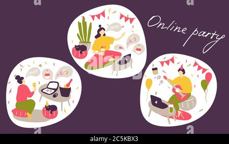 Konzept für Online-Partys. Die Menschen kommunizieren online, feiern Feiertage, machen Termine. Moderner Lebensstil, Leben im Internet. Flache Vektorgrafik Stock Vektor